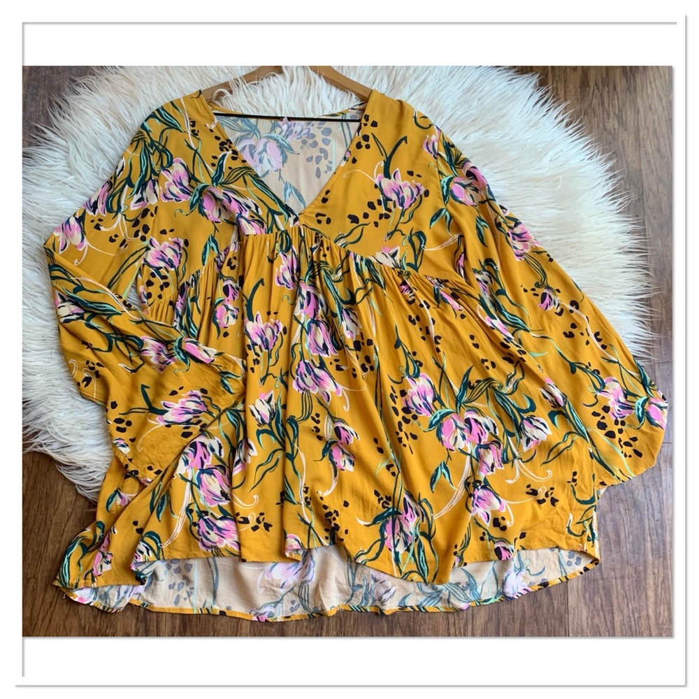Free People Bella Floral Print Tunic Top Dress V Neck Yellow Pink Size Medium